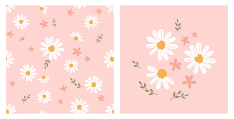 Seamless pattern with daisy chamomile, pink flower, green branch on pink background. Daisy icon sign vector.
