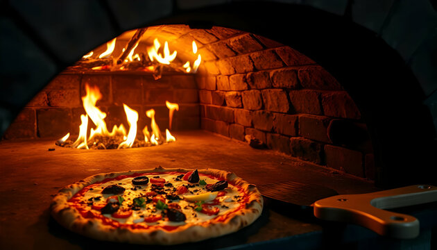 Wood-fired pizza oven, rustic brick interior, glowing flames, traditional Neapolitan pizza, melted cheese, fresh toppings, golden crust, artisanal cooking, warm ambient lighting, authentic Italian cui