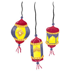 Obraz premium cute hanging lantern lights celebration islamic arabian arabic moslem doodle watercolor illustration red blue gray grey yellow digital sticker png transparent clipart