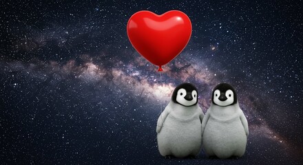 Obraz premium Adorable Penguin Couple with Heart Balloon in Space Romantic Galaxy Background