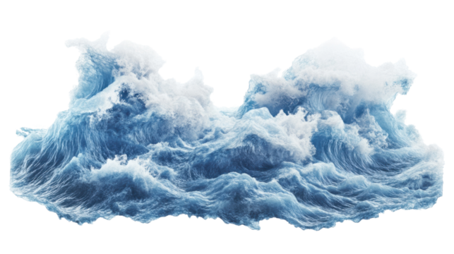Powerful ocean wave splashing with foam on transparent background