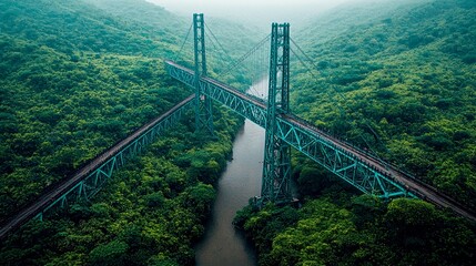 Obraz premium Majestic Green Bridge Spanning Lush River Valley: An Aerial View of Architectural Marvel