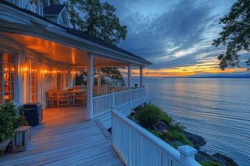 Photo of outdoor patio with white railings, table and chairs on the deck overlooking Lake Victoria in Washington, featuring electric leaf blower and ice chest lit by heat lamp under cloudy summer sky.