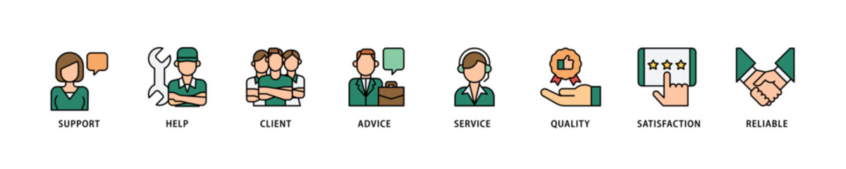 Customer care icon set flow process which consists of help, client, advice, chat, service, reliability, quality, and satisfaction icon live stroke and easy to edit .