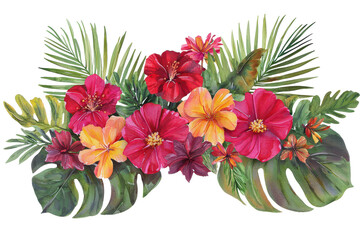 A vibrant arrangement of colorful hibiscus flowers surrounded by lush green leaves.