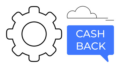 Large black gear, blue speech bubble with CASH BACK text, and a cloud corner. Ideal for financial incentives, rewards, cashback offers, online shopping, loyalty programs, customer retention