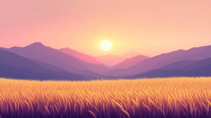 Obraz premium Golden field sunset, mountain backdrop, idyllic landscape, travel brochure