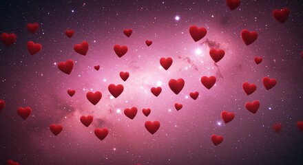 Obraz premium A cosmic expanse filled with floating red hearts against a backdrop of nebulae and stars.