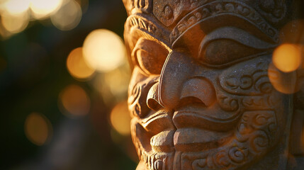A soft-focus shot of a Māori stone carving of a tiki figure, detailed features on the stone visible as sunlight glints off the surface