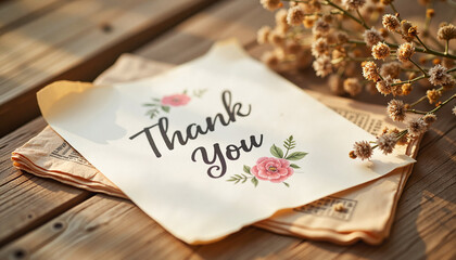 Thank you note with floral design on wooden table, gratitude expression