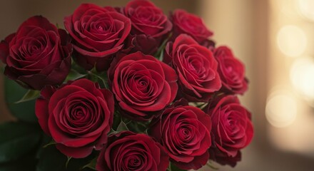 Fototapeta premium Romantic Bouquet of Deep Red Roses Valentine s Day Flowers Close up