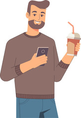 Man holding a paper coffee cup in one hand and a smartphone in the other, depicting modern multitasking. Ideal for technology and lifestyle designs, symbolizing convenience and connectivity.
