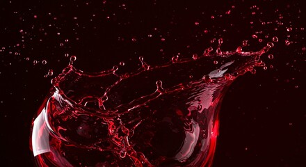 A dramatic splash of deep red liquid, likely wine, captured mid-air against a dark background.