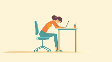 Fototapeta premium Freelancer stretching at a desk, laptop open, ergonomic chair, maintaining work-life balance.