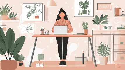 Fototapeta premium Freelancer working from home at a standing desk, ergonomic workspace, modern interior.