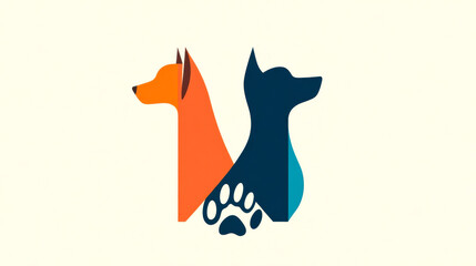 Naklejka premium A vibrant logo featuring two stylized dogs in orange and blue, with a paw print symbolizing pet care or dog services.