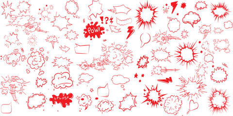 Comic boom cartoon effect line element set. Comic speech bubble pow, boom text, explosive splash smoke, wow cartoon vector icon.