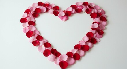 Obraz premium A heart shape formed by delicate pink and red rose petals on a white background.
