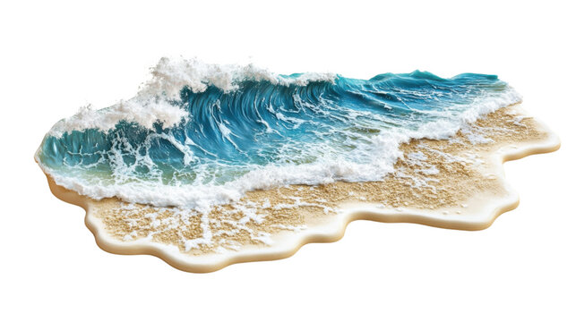 Tropical beach with ocean waves crashing on white sand with transparent background