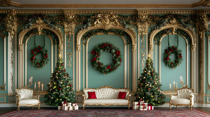 Obraz premium Elegant Christmas room, ornate walls, gifts