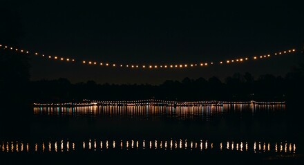 Fototapeta premium Nighttime Lake Scene with String Lights Reflecting on Calm Water Illuminated Shoreline