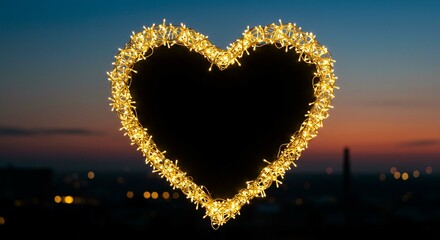 Naklejka premium Romantic Heart Shaped String Lights at Sunset Cityscape Background
