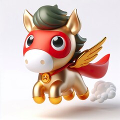 Fototapeta premium Golden Superhero Pony 3D Render, Mascot, Cartoon, Flying, Cape, Red, green, Power, Brave, Legend on a white background