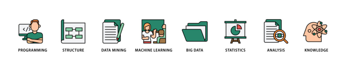 Data science icon set flow process which consists of data, classification, analyze, statistics, solving, decision and knowledge icon live stroke and easy to edit .