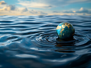 Planet Earth floating on ocean; climate change concept