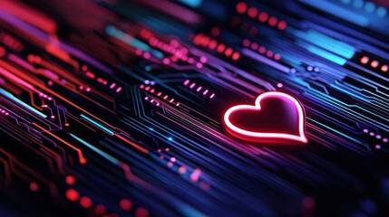 Neon Heart Symbol on Colorful Digital Circuitry Background Highlighting Love and Emotion
