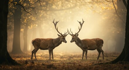 Majestic Red Deer Stags Facing Each Other in Misty Autumn Forest