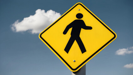 Pedestrian Crossing Sign: a stylized illustration of a walking person with bold black outlines, positioned centrally against a bright, sunny yellow background