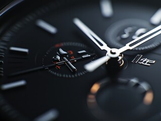 Naklejka premium Closeup of a Luxurious Black Watch Face Highlighting Precision and Elegant Design