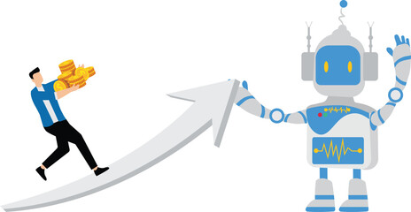 Artificial intelligence to help merchants grow or make more profit, robotic arms to help merchants walking with gold coins to pull up arrow charts