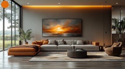 Modern Living Room Interior Design with Sunset Artwork