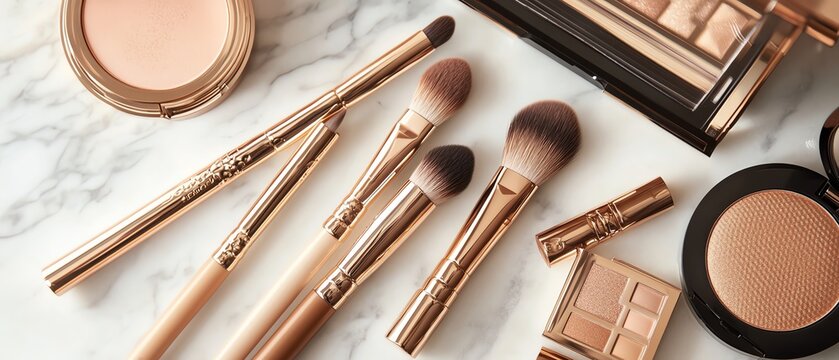 Elegant makeup brushes and cosmetic products.