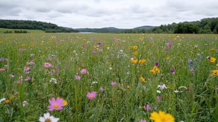 Wildflower meadow, lake view, summer landscape, nature background, idyllic scene