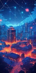 Fototapeta premium A futuristic cityscape with soaring skyscrapers, neon lights, and advanced technology illuminating the night sky.