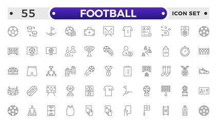 Football outline icon set. Soccer. Kicking a ball, team, rule, goal, players, medal, football, basketball, cycling, athlete, racket, table tennis, sparing, gym, weight training, golf, volleyball.