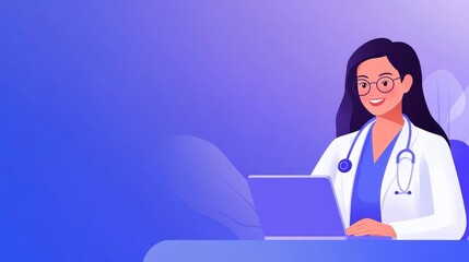 Smiling female doctor working on a laptop in a modern office with a calming blue background