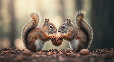 Obraz premium Two Adorable Red Squirrels Sharing a Walnut in Autumn Forest Setting