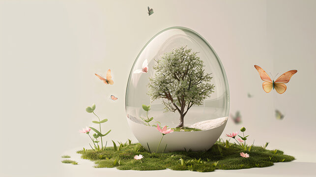 Minimalist illustration of an egg-shaped glass dome containing a green tree and two butterflies, on a white background with pink, gold, and light blue tones. - Powered by Adobe