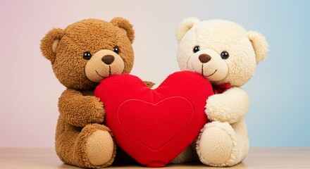 Adorable Teddy Bears Couple Hugging a Big Red Heart Valentine s Day Romance