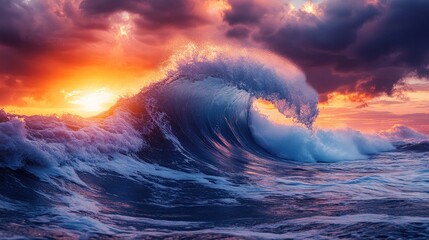 Fototapeta premium Majestic Ocean Wave at Sunset: A breathtaking spectacle of nature's power and beauty, vibrant colors painting the sky and sea.