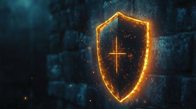 A glowing shield emblem against a dark stone wall, symbolizing protection and strength.