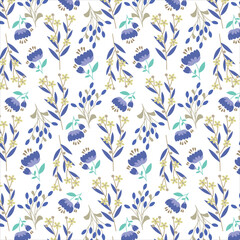  Summer pattern with blue flowers. Blue petals and leaves on white background, buds, rose in pastel color, tileable for wallpaper, card or fabric, fashion prints.