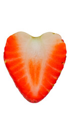 Heart of a Strawberry: A close-up of a perfectly sliced strawberry revealing its heart shape, showcasing the vibrant red flesh and delicate seeds.