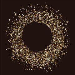 Luxurious round frame made of golden glitter dots with empty center for text. Perfect for holiday designs, the intricate dotted pattern. Abstract golden glittering circle made of yellow golden dots.