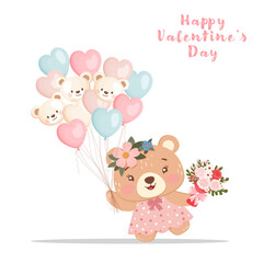 Illustration of a teddy bear girl in a pink polka-dot dress, holding a bouquet of flowers with a pink ribbon in one hand and a bunch of pastel-colored balloons in the other. The balloons include heart
