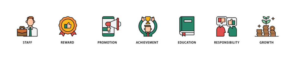 Employee motivation icon set flow process which consists of staff, reward, promotion, achievement, education, responsibility and growth icon live stroke and easy to edit .